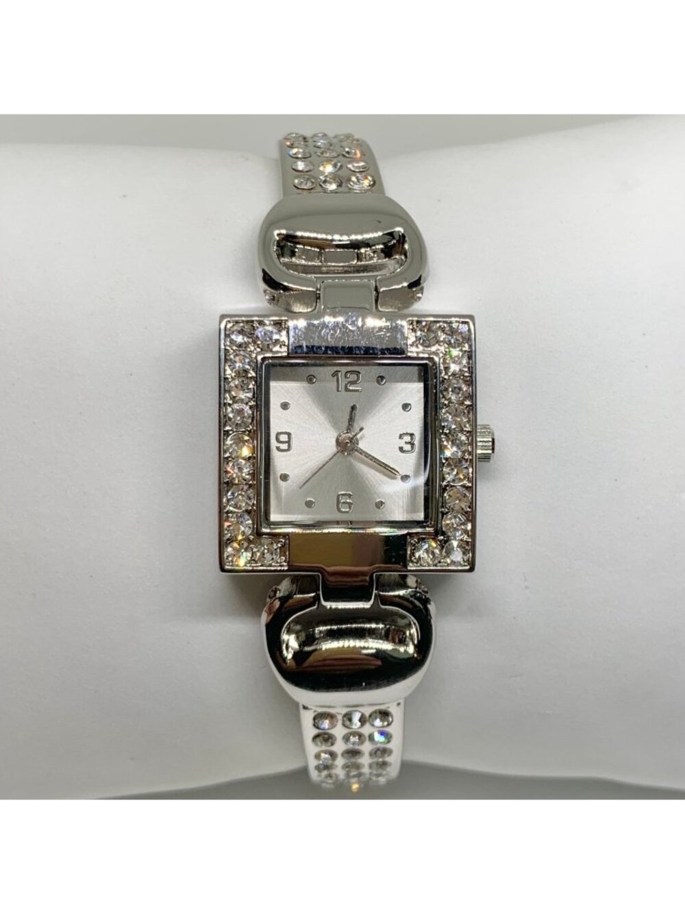 FMD silver tone rhinestones women watch 23mm square quartz analog 7” running